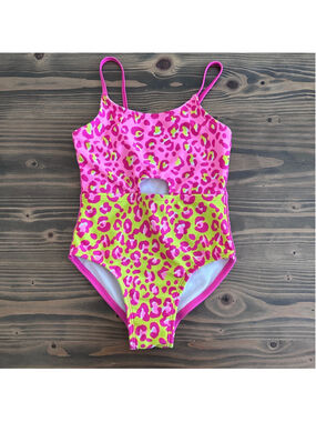 Cat & Jack Girls Swimsuit XS 4/5 Pink Lime Leopard Cutout One Piece